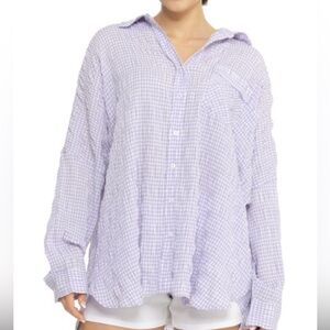 Free People Lavender Checkered Seersucker Oversized Button Down Shirt, Medium